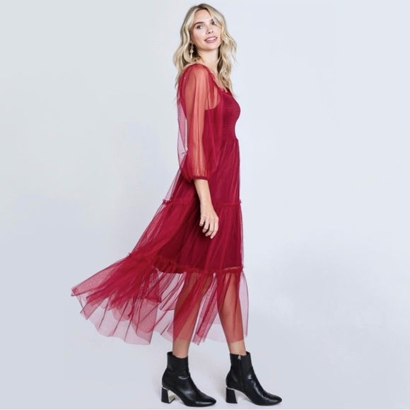 HOLIDAY BALLERINA WINE RED MESH LONG SLEEVE MIDI DRESS - Picture 8 of 9